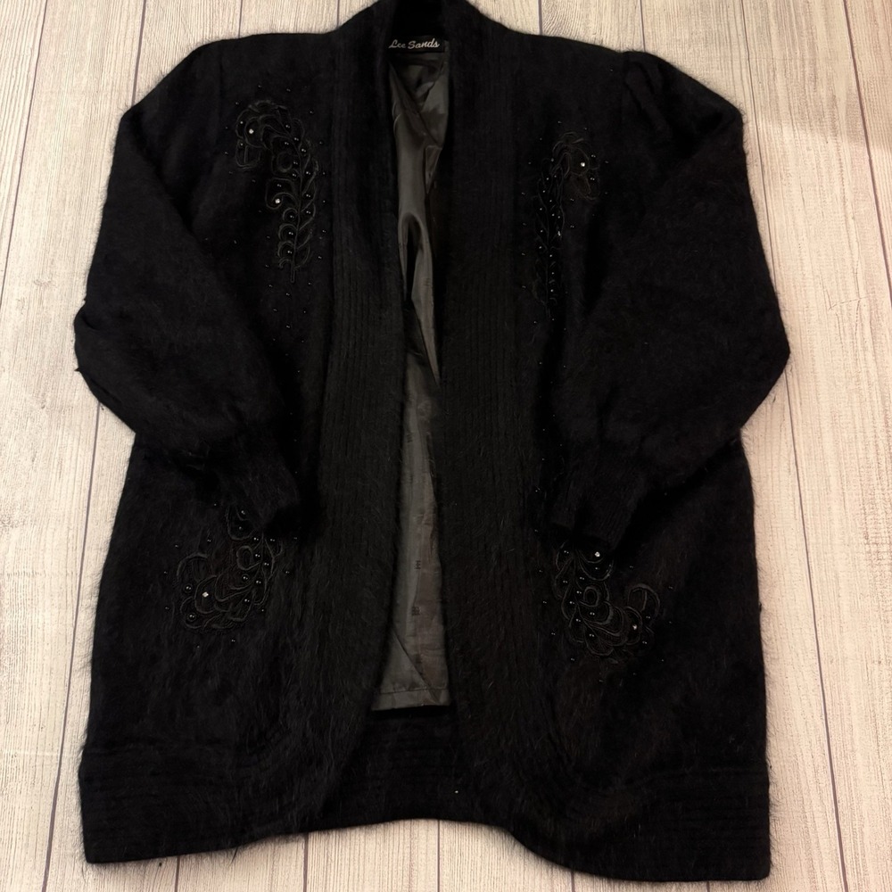 Lee Sands Vintage Angora Rabbit Hair Cardigan Jacket Black Beaded Embroidered L